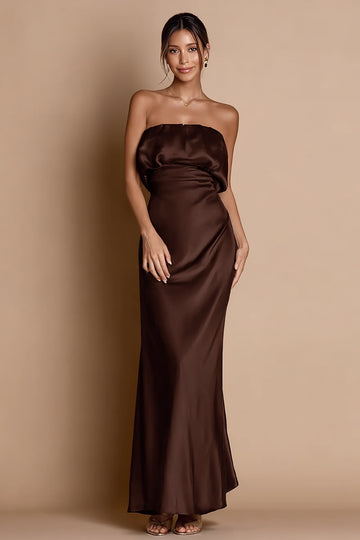 Coffee Strapless Satin Long Evening Dress
